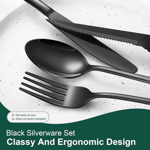 24-Piece Black Silverware Set with Steak Knives Black Stainless Steel Flatware Set for 4 Food Grade Tableware Cutlery Set Rust-proof, Mirror Polished, Dishwasher Safe in Saudi Arabia