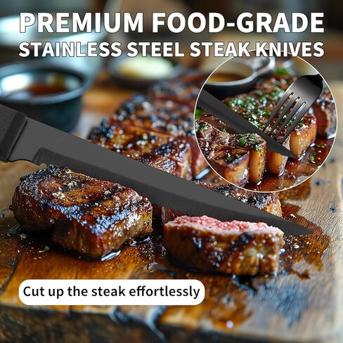 24-Piece Black Silverware Set with Steak Knives Black Stainless Steel Flatware Set for 4 Food Grade Tableware Cutlery Set Rust-proof, Mirror Polished, Dishwasher Safe in Saudi Arabia
