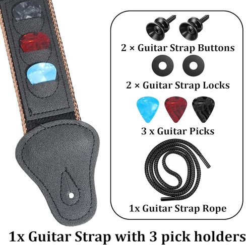 Guitar Strap with Pick Holders, Acoustic Guitar Straps with 2 Buttons 2 Locks 3 Picks 1 Rope, Leather Ends Electric Guitars Strap for Bass Guitars Ukulele in Saudi Arabia