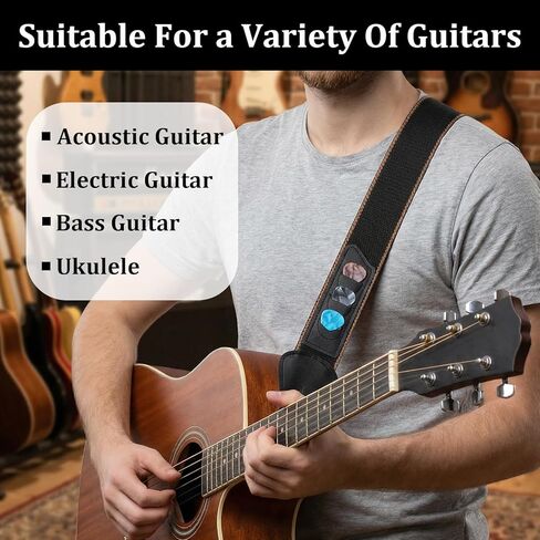 Guitar Strap with Pick Holders, Acoustic Guitar Straps with 2 Buttons 2 Locks 3 Picks 1 Rope, Leather Ends Electric Guitars Strap for Bass Guitars Ukulele in Saudi Arabia