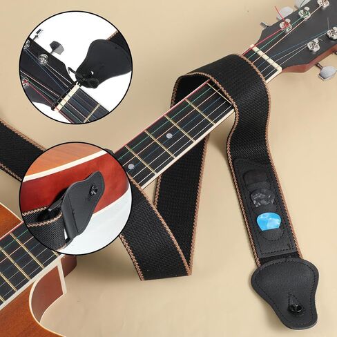 Guitar Strap with Pick Holders, Acoustic Guitar Straps with 2 Buttons 2 Locks 3 Picks 1 Rope, Leather Ends Electric Guitars Strap for Bass Guitars Ukulele in Saudi Arabia