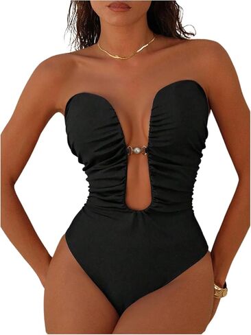SweatyRocks Women's One Piece Swimsuit Deep V Neck Halter Bathing Suit Ruched Vacation Beach Swimwear in Saudi Arabia