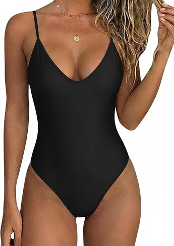 Lingswallow Women's Retro One Piece Swimsuit Deep V Neck Low Back High Cut Bathing Suit for Beach Pool Vacation in Saudi Arabia