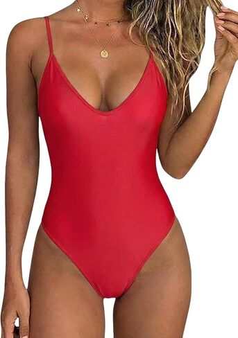 Lingswallow Women's Retro One Piece Swimsuit Deep V Neck Low Back High Cut Bathing Suit for Beach Pool Vacation in Saudi Arabia