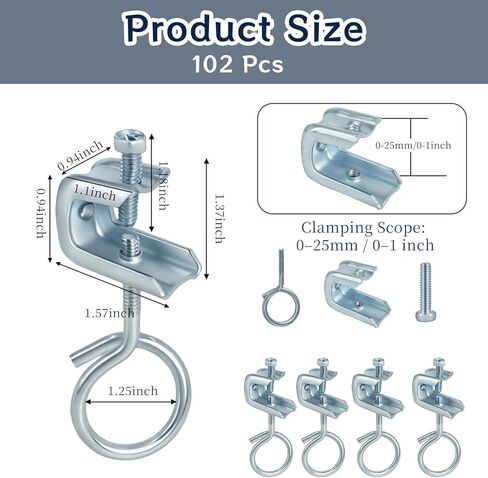 102 Pcs 1/4" x 20 Beam Clamp with Screws Cable Ring Hangers Steel Small C Clamps Metal Machine Threaded Bridle Rings for Pipe, Can Withstand 75 Lbs (1 1/4 Inch Bridle Rings) in Saudi Arabia
