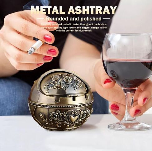 Veemoon Windproof Metal Ashtrays with Lid Fancy Desktop Smokeless Ashtray Vintage Cigar Ash Holder Pretty Cigar Smoke Ashtray Portable Cigarettes Ash Tray for Home Office Housewarming Gift, 3.14" in Saudi Arabia