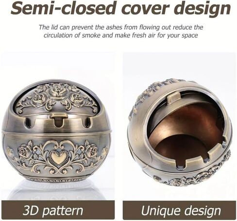 Veemoon Windproof Metal Ashtrays with Lid Fancy Desktop Smokeless Ashtray Vintage Cigar Ash Holder Pretty Cigar Smoke Ashtray Portable Cigarettes Ash Tray for Home Office Housewarming Gift, 3.14" in Saudi Arabia