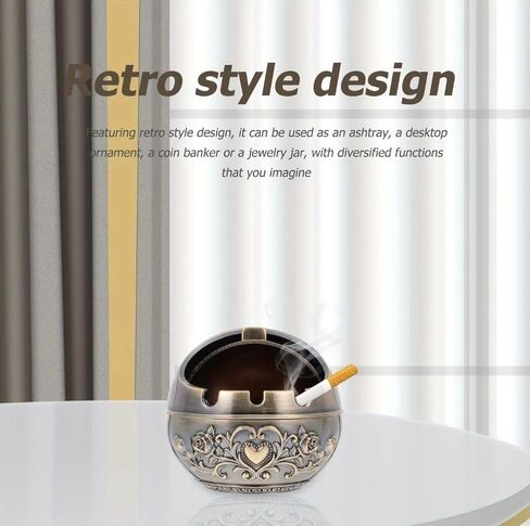 Veemoon Windproof Metal Ashtrays with Lid Fancy Desktop Smokeless Ashtray Vintage Cigar Ash Holder Pretty Cigar Smoke Ashtray Portable Cigarettes Ash Tray for Home Office Housewarming Gift, 3.14" in Saudi Arabia