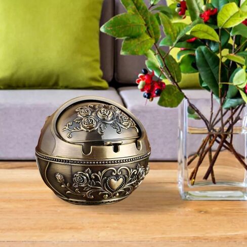 Veemoon Windproof Metal Ashtrays with Lid Fancy Desktop Smokeless Ashtray Vintage Cigar Ash Holder Pretty Cigar Smoke Ashtray Portable Cigarettes Ash Tray for Home Office Housewarming Gift, 3.14" in Saudi Arabia