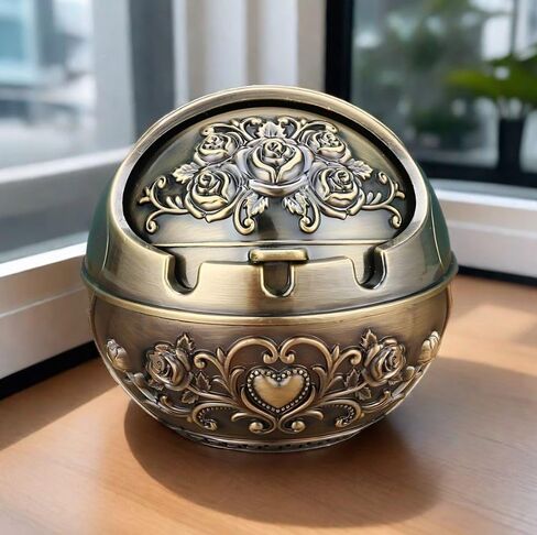 Veemoon Windproof Metal Ashtrays with Lid Fancy Desktop Smokeless Ashtray Vintage Cigar Ash Holder Pretty Cigar Smoke Ashtray Portable Cigarettes Ash Tray for Home Office Housewarming Gift, 3.14" in Saudi Arabia