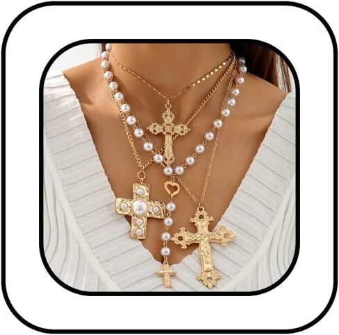 4Pcs Chunky Cross Necklace for Women Gold Statement Big Cross Pendant Necklace Pearl Cross Layered Chain Necklaces Set Punk Grunge Y2K Jewelry in Kuwait