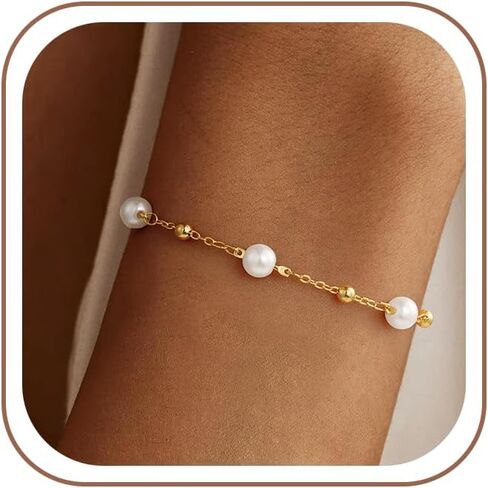 Gold Pearl Bracelets for Women,14K Gold Plated Bracelets Dainty Pearls Beaded Link Chain Charm Bracelets Set Layered Non Tarnish Waterproof Jewelry for Women in Saudi Arabia