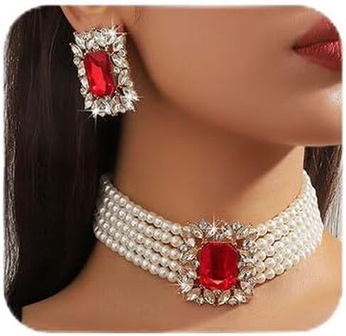 Missgrace Vintage Boho 1920s Faux Pearl Necklace Earring Set Bride Faux Pearl Rhinestone Necklace Earring for Prom Bar Party Wedding in Saudi Arabia