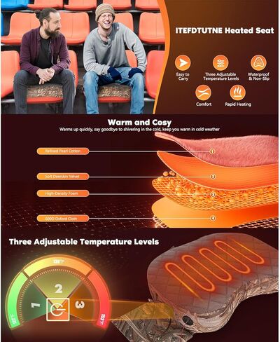 Kikumi Portable Heated Stadium Seat, Heated Seat Cushion, 3 Levels Heating Chair Pad for Outdoor Camping in Saudi Arabia