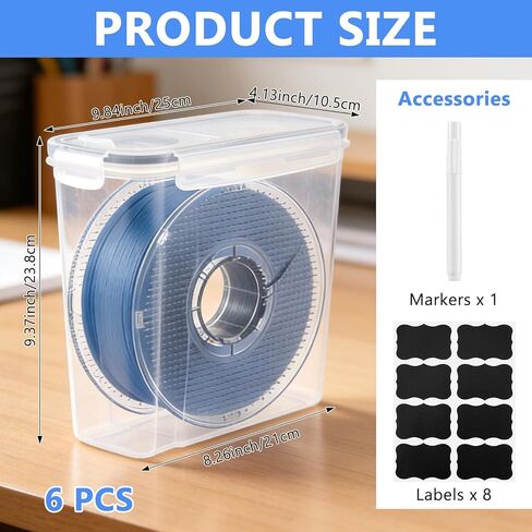 6 Pack Filament Storage Box Reusable 3D Printing Filament Container with Thick Silicone Seal Dust-Proof Portable Storage Organizer with Marker&Labels for 1.75mm PLA ABS PETG TPU PA(9.4x8.3x4.2) in Saudi Arabia