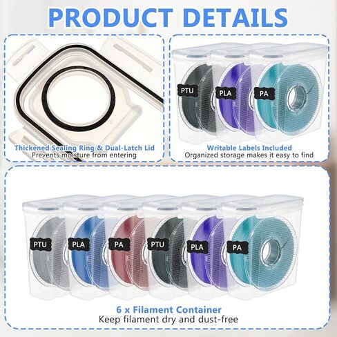 6 Pack Filament Storage Box Reusable 3D Printing Filament Container with Thick Silicone Seal Dust-Proof Portable Storage Organizer with Marker&Labels for 1.75mm PLA ABS PETG TPU PA(9.4x8.3x4.2) in Saudi Arabia
