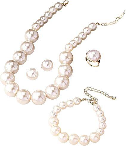 Vintage Pearl Jewelry Set for Bride Bridesmaid,Chunky Big Pearls Necklace Bracelet Wedding Engagement Jewelry 1920s Accessories Earrings Band Rings in Saudi Arabia