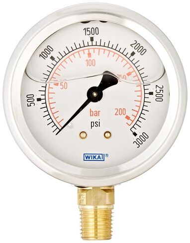 مقياس الضغط الصناعي WIKA 9692105، سائل/قابل لإعادة الملء، أجزاء مبللة من سبائك النحاس، قرص 2-1/2 بوصة، نطاق 0-3000 رطل لكل بوصة مربعة (شريط)، دقة +/- 2/1/2%، وصلة NPT ذكر 1/4 بوصة، حامل سفلي in Kuwait