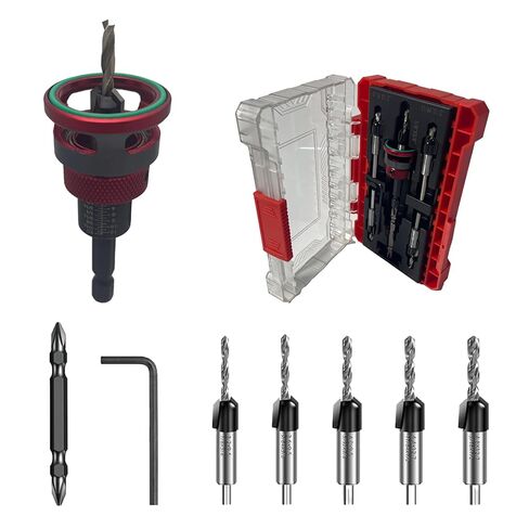 7-Piece Countersink Drill Bit Set - Adjustable Depth Stop Aluminum Alloy Collar,5 HSS M2 Tapered Bits,a Wrench,a Screwdriver Bit,1/4" Hex Shank Uniform Drilling Kit for 82°Woodworking in Saudi Arabia