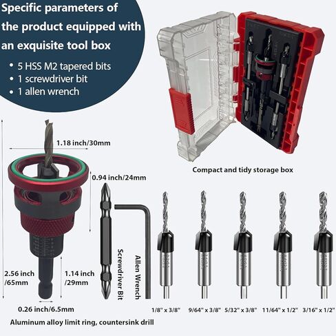 7-Piece Countersink Drill Bit Set - Adjustable Depth Stop Aluminum Alloy Collar,5 HSS M2 Tapered Bits,a Wrench,a Screwdriver Bit,1/4" Hex Shank Uniform Drilling Kit for 82°Woodworking in Saudi Arabia