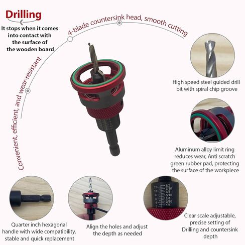 7-Piece Countersink Drill Bit Set - Adjustable Depth Stop Aluminum Alloy Collar,5 HSS M2 Tapered Bits,a Wrench,a Screwdriver Bit,1/4" Hex Shank Uniform Drilling Kit for 82°Woodworking in Saudi Arabia