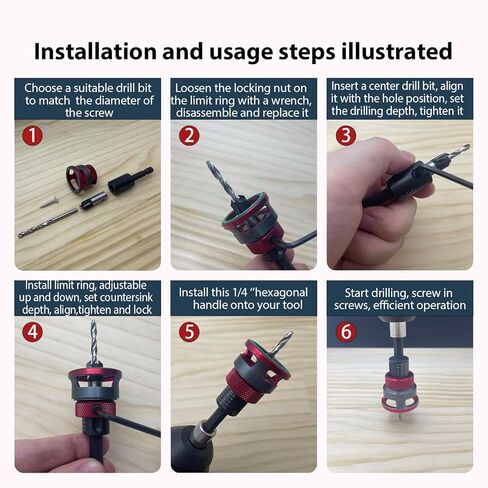 7-Piece Countersink Drill Bit Set - Adjustable Depth Stop Aluminum Alloy Collar,5 HSS M2 Tapered Bits,a Wrench,a Screwdriver Bit,1/4" Hex Shank Uniform Drilling Kit for 82°Woodworking in Saudi Arabia