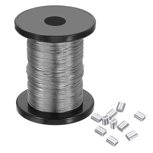 PATIKIL 1/32" Wire Rope, 196 ft 304 Stainless Steel Bright Aircraft Cable Wire Rope with 50pcs Crimping Sleeves for Hanging Lights Clotheslines Trellis, Silver in Saudi Arabia