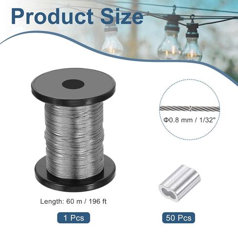 PATIKIL 1/32" Wire Rope, 196 ft 304 Stainless Steel Bright Aircraft Cable Wire Rope with 50pcs Crimping Sleeves for Hanging Lights Clotheslines Trellis, Silver in Saudi Arabia