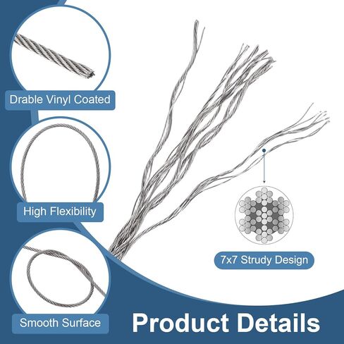 PATIKIL 1/32" Wire Rope, 196 ft 304 Stainless Steel Bright Aircraft Cable Wire Rope with 50pcs Crimping Sleeves for Hanging Lights Clotheslines Trellis, Silver in Saudi Arabia