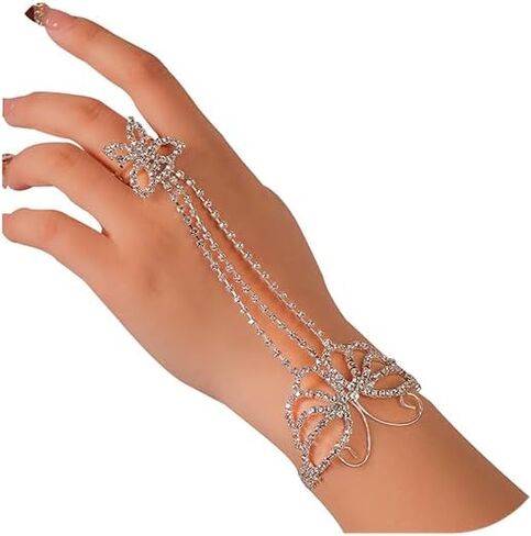 Rhinestone Bracelet Ring Sexy Butterfly Finger Chains Crystal Layered Adjustable Hand Chain Wedding Party Hand Body Accessory Jewelry for Women in Saudi Arabia