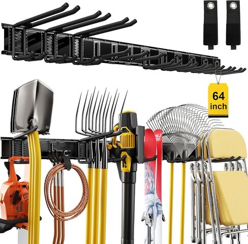 حامل جداري منظم لأدوات المرآب مقاس 64 بوصة، رف تخزين أدوات الحديقة من الفولاذ شديد التحمل بوزن 900 رطل مع 12 خطافًا قابلاً للتعديل للفناء والسقيفة والمرآب (4 رفوف و12 خطافًا وحزامين) in Kuwait