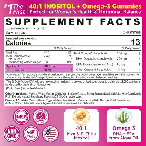 Inositol + Omega-3 Gummies for Women – Myo-Inositol & D-Chiro Inositol (40:1), Omega-3 DHA/EPA (3:1) – Inositol Supplement for Hormonal Balance & Cycle Health, Vegan Sugar-Free, 60 Ct in Kuwait