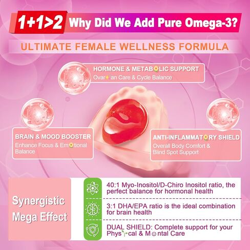 Inositol + Omega-3 Gummies for Women – Myo-Inositol & D-Chiro Inositol (40:1), Omega-3 DHA/EPA (3:1) – Inositol Supplement for Hormonal Balance & Cycle Health, Vegan Sugar-Free, 60 Ct in Kuwait