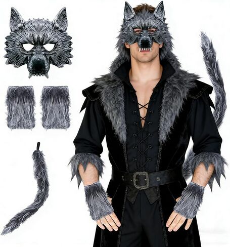 M&G House Werewolf Costume Set - Mask, Gloves, Tails or Big Bad Wolf Ears Headband for Halloween Dress-Up and Cosplay Kit in Kuwait