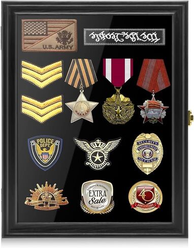 صندوق ظلال عرض الدبوس العسكري، إطار عرض ميدالية وشارة من خشب الصنوبر الصلب مع باب أكريليك للحماية من الأشعة فوق البنفسجية، حامل مثبت على الحائط قابل للقفل للرقع والشارات والأشرطة، 15.4 بوصة × 11.2 بوصة (أسود) in Kuwait