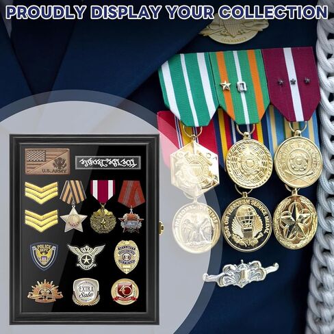 صندوق ظلال عرض الدبوس العسكري، إطار عرض ميدالية وشارة من خشب الصنوبر الصلب مع باب أكريليك للحماية من الأشعة فوق البنفسجية، حامل مثبت على الحائط قابل للقفل للرقع والشارات والأشرطة، 15.4 بوصة × 11.2 بوصة (أسود) in Kuwait