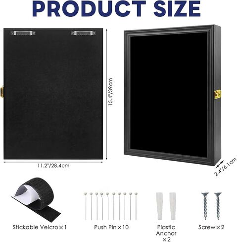 صندوق ظلال عرض الدبوس العسكري، إطار عرض ميدالية وشارة من خشب الصنوبر الصلب مع باب أكريليك للحماية من الأشعة فوق البنفسجية، حامل مثبت على الحائط قابل للقفل للرقع والشارات والأشرطة، 15.4 بوصة × 11.2 بوصة (أسود) in Kuwait