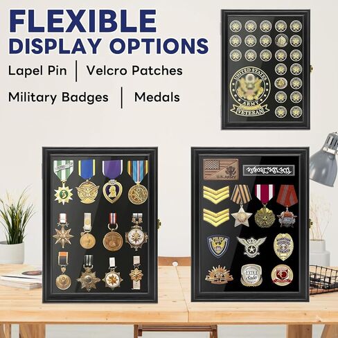 صندوق ظلال عرض الدبوس العسكري، إطار عرض ميدالية وشارة من خشب الصنوبر الصلب مع باب أكريليك للحماية من الأشعة فوق البنفسجية، حامل مثبت على الحائط قابل للقفل للرقع والشارات والأشرطة، 15.4 بوصة × 11.2 بوصة (أسود) in Kuwait