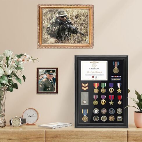 صندوق ظلال عرض الدبوس العسكري، إطار عرض ميدالية وشارة من خشب الصنوبر الصلب مع باب أكريليك للحماية من الأشعة فوق البنفسجية، حامل مثبت على الحائط قابل للقفل للرقع والشارات والأشرطة، 15.4 بوصة × 11.2 بوصة (أسود) in Kuwait
