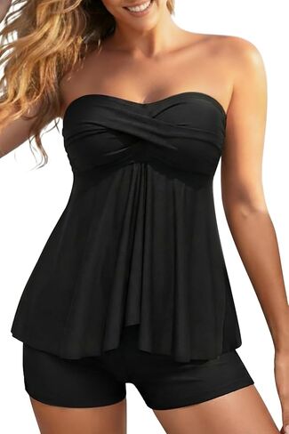 Women Strapless Tankini Swimsuits - 2 Piece Halter Bathing Suit Bandeau Flyaway Top with High Waist Swim Shorts in Saudi Arabia