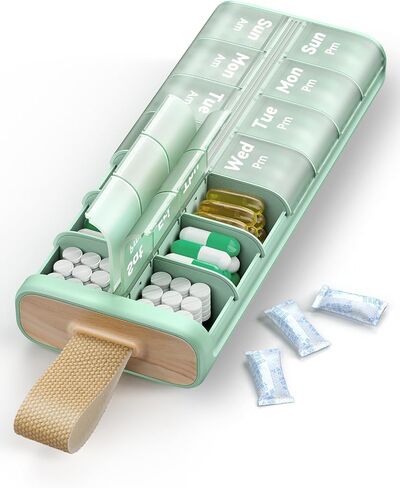 منظم حبوب الدواء الأسبوعي، علبة حبوب الدواء اليومية لمدة 7 أيام للسفر مع مقبض محمول، مجفف مقاوم للرطوبة ومفصلات آمنة للفيتامينات والمكملات الدوائية in Kuwait