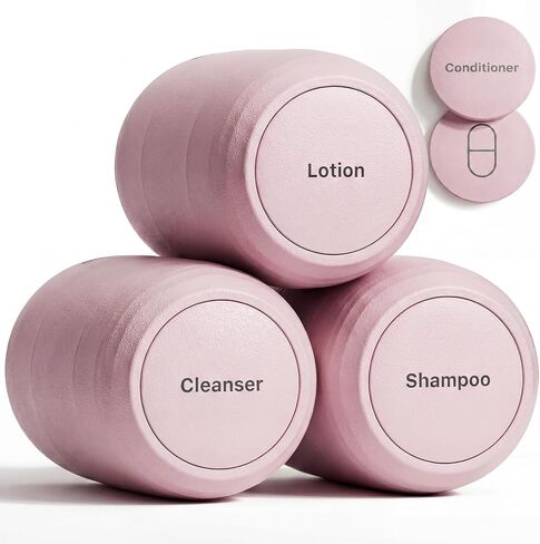 New Travel Toiletry Containers [Ultra Leakproof] TSA-Approved, PLA Hard Shell Jars with 5 Magnetic Labels, Wide Mouth Bottles for Lotion, Cleanser, Shampoo, Conditioner, Pink, 3 Pack, 2OZ in Kuwait