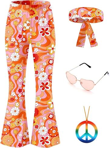 BesserBay Girls Halloween 4 Pcs Floral Print Hippie High Waist Flared Pants with Pockets Headband Sunglasses 4-12 Years in Saudi Arabia