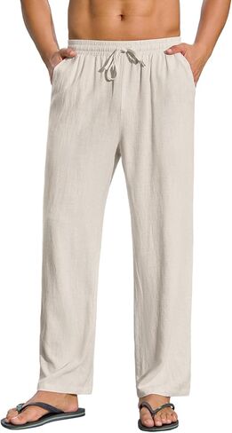 Mens Casual Pants Loose Fit Elastic Drawstring Waist Straight-Legs Summer Yoga Beach Trousers in Kuwait