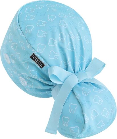 Scrub Caps Women Ponytail – Light Blue Tooth Double-Sided Printed Surgical Hat with Buttons and Sweatband, Soft Nurse Cap for Long Hair, Helps Reduce Static Buildup in Saudi Arabia