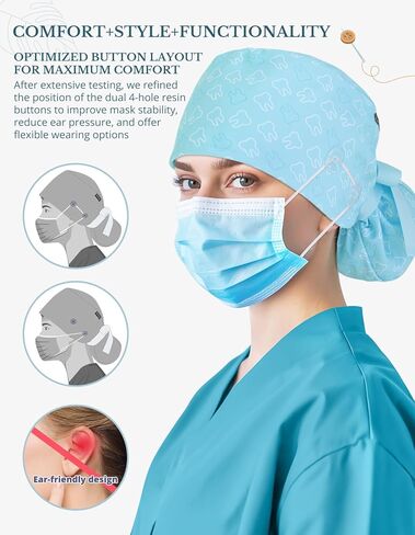 Scrub Caps Women Ponytail – Light Blue Tooth Double-Sided Printed Surgical Hat with Buttons and Sweatband, Soft Nurse Cap for Long Hair, Helps Reduce Static Buildup in Saudi Arabia