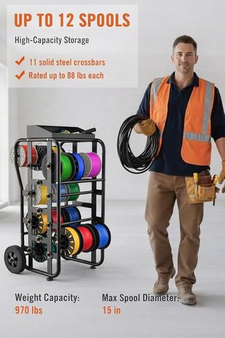 رف بكرة سلكية بعجلات، علبة كابلات شديدة التحمل ومنظم موزع الأسلاك، قضبان قابلة للتعديل، سعة كبيرة، صندوق أدوات، عربة متنقلة للكهربائيين، ورشة عمل ومستودع، 38 بوصة × 21.2 بوصة، أسود in Kuwait