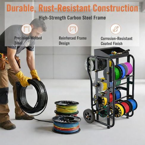 رف بكرة سلكية بعجلات، علبة كابلات شديدة التحمل ومنظم موزع الأسلاك، قضبان قابلة للتعديل، سعة كبيرة، صندوق أدوات، عربة متنقلة للكهربائيين، ورشة عمل ومستودع، 38 بوصة × 21.2 بوصة، أسود in Kuwait