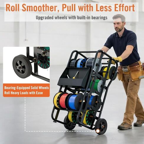 رف بكرة سلكية بعجلات، علبة كابلات شديدة التحمل ومنظم موزع الأسلاك، قضبان قابلة للتعديل، سعة كبيرة، صندوق أدوات، عربة متنقلة للكهربائيين، ورشة عمل ومستودع، 38 بوصة × 21.2 بوصة، أسود in Kuwait