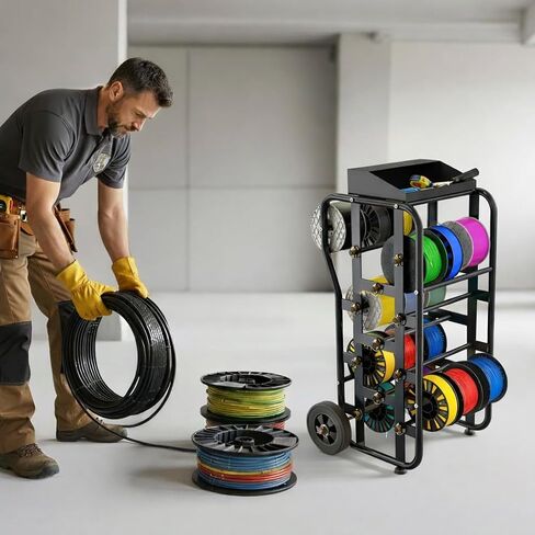رف بكرة سلكية بعجلات، علبة كابلات شديدة التحمل ومنظم موزع الأسلاك، قضبان قابلة للتعديل، سعة كبيرة، صندوق أدوات، عربة متنقلة للكهربائيين، ورشة عمل ومستودع، 38 بوصة × 21.2 بوصة، أسود in Kuwait